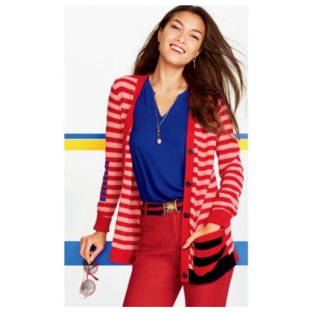 Cabi Picnic Cardigan Striped Red Pink Medium